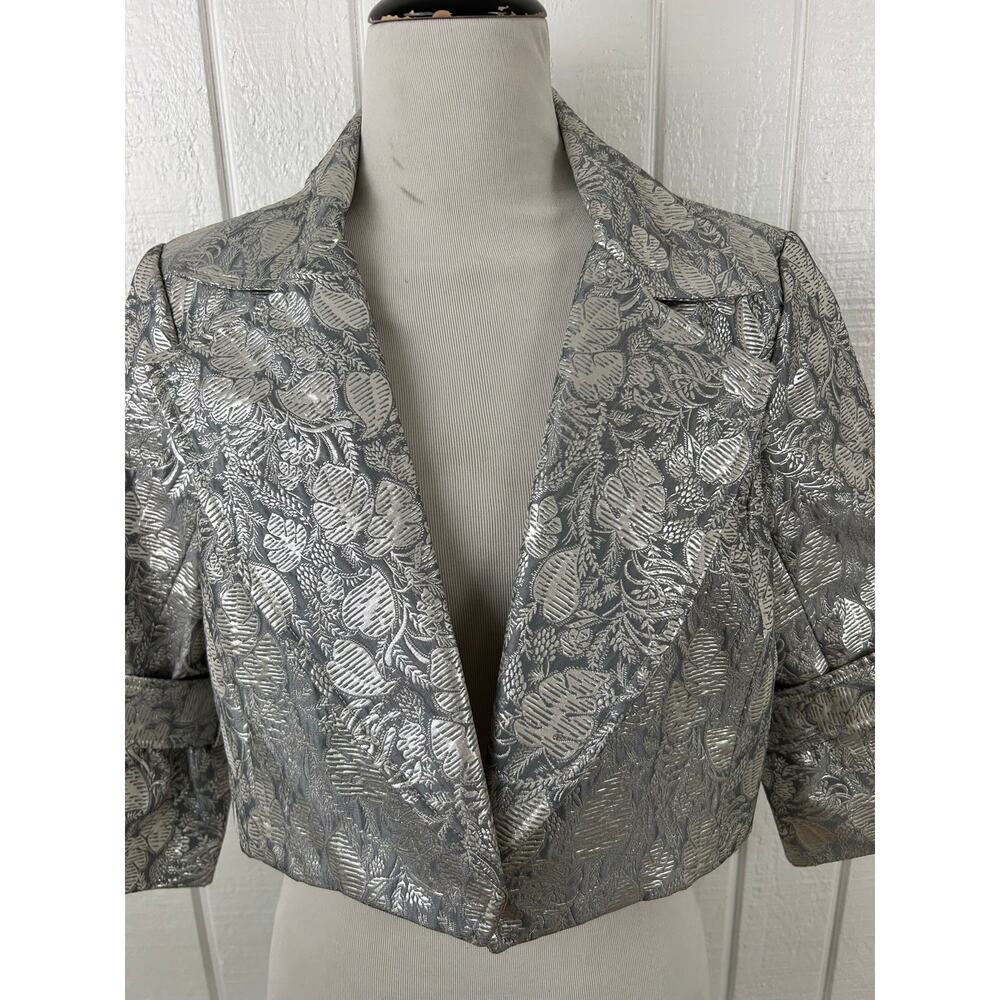 Badgley Mischka Metallic Floral Brocade Cropped Jacket Bell Sleeve Evening - Picture 3 of 7